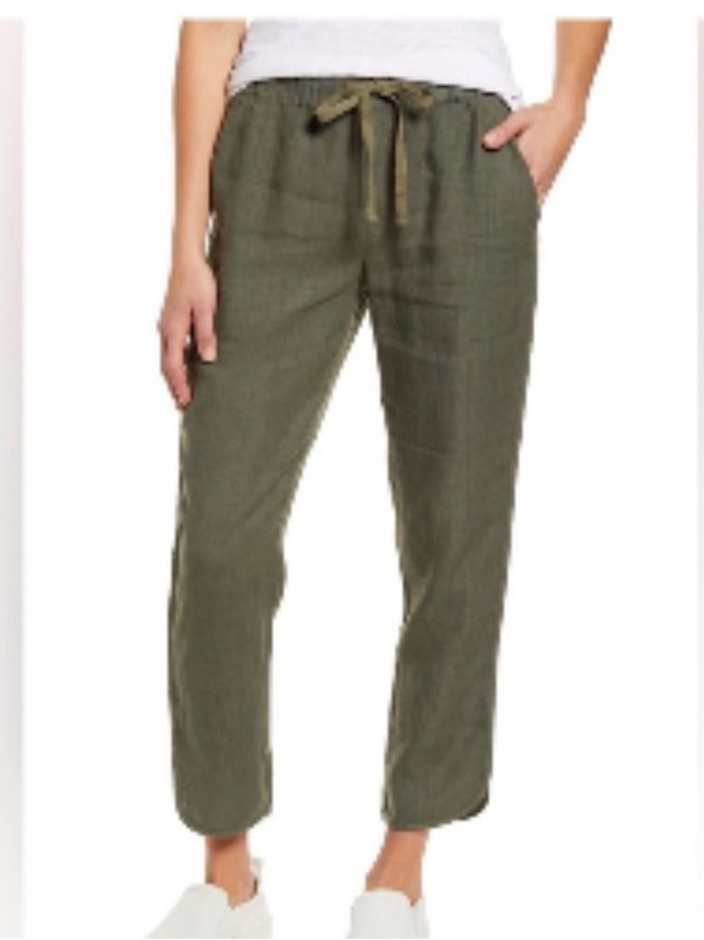 CASLON Women’s 100% Linen Tulip Hem Cropped Pants Olive Green XS Petite